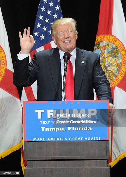 Republican presidential candidate Donald Trump speaks during a campaign rally at the Tampa Convention Center on June 11, 2016 in Tampa, Florida....