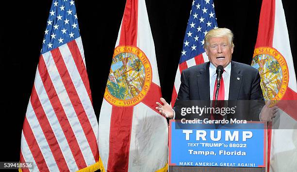 Republican presidential candidate Donald Trump speaks during a campaign rally at the Tampa Convention Center on June 11, 2016 in Tampa, Florida....