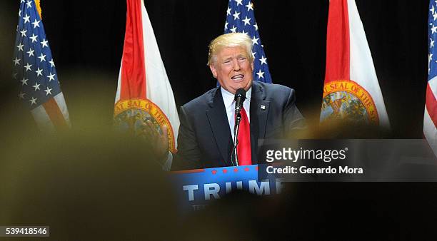 Republican presidential candidate Donald Trump speaks during a campaign rally at the Tampa Convention Center on June 11, 2016 in Tampa, Florida....