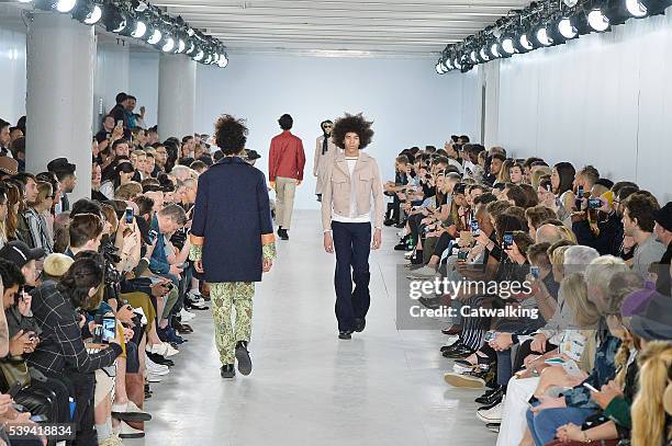 Models walk the runway at the Agi & Sam Spring Summer 2017 fashion show during London Menswear Fashion Week on June 11, 2016 in London, United...