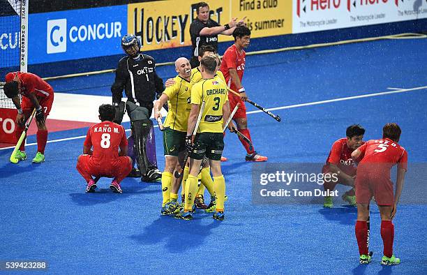 Glenn Turner of Australia celebrates his goal during day two of the FIH Men's Hero Hockey Champions Trophy 2016 match between Australia and Korea at...