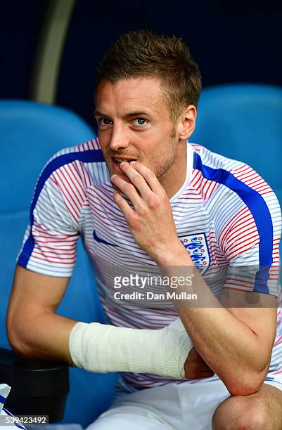 Jamie Vardy of England is seen on the bench prior to the UEFA EURO 2016 Group B match between England and Russia at Stade Velodrome on June 11, 2016...