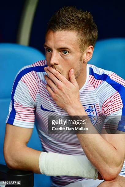 Jamie Vardy of England is seen on the bench prior to the UEFA EURO 2016 Group B match between England and Russia at Stade Velodrome on June 11, 2016...