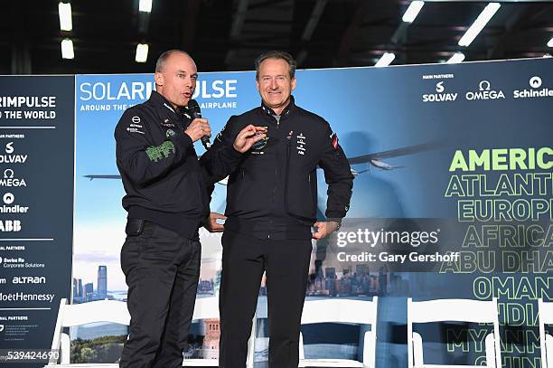Solar Impulse founders and co-pilots Bertrand Piccard and Andre Borschberg attend a press conference on June 7, 2016 in New York City.