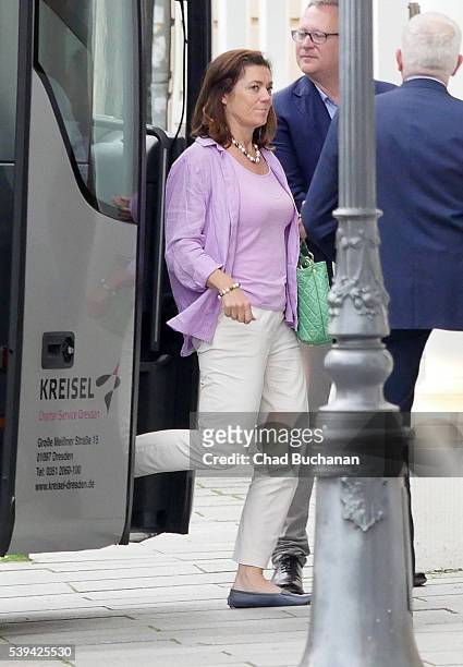 Bilderberg conference participant Kristin Skogen Lund sighted departing a tourbus outside the Hotel Taschenbergpalais on Saturday afternoon, June 11,...