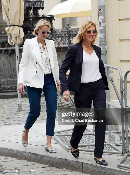 Bilderberg conference participants Peggy Noonan and Beatrice Weder di Mauro sighted outside the Hotel Taschenbergpalais on Saturday afternoon, June...