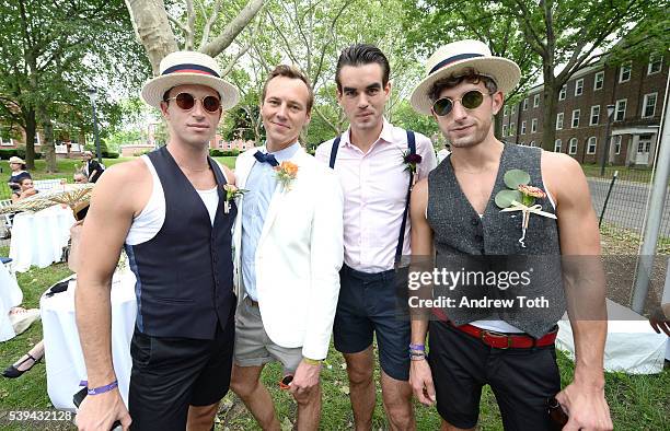 Nicolas Turko and David Thielebeule pose for a photo with guests at the 11th Annual Jazz Age Lawn Party Sponsored By St-Germain at Governors Island...