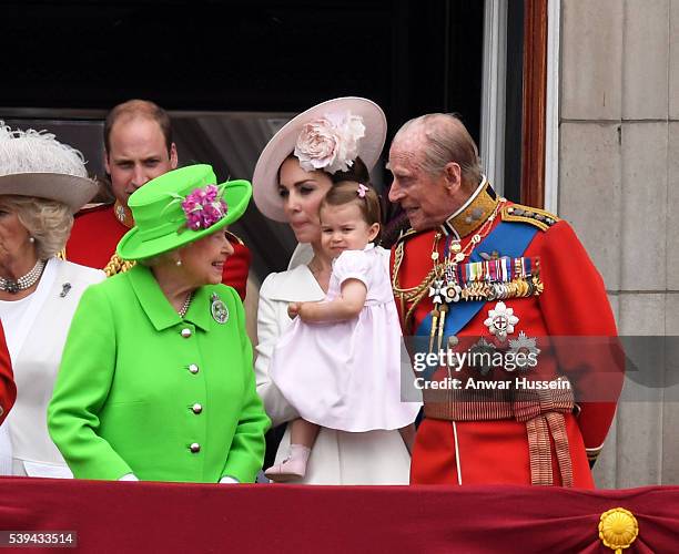 Catherine, Duchess of Cambridge, Princess Charlotte of Cambridge, Queen Elizabeth ll and Prince Philip, Duke of Edinburgh appear on the balcony of...