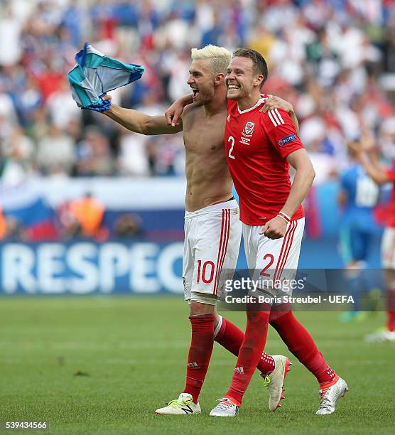 Aaron Ramsey and Chris Gunter of Wales celebrates after winning the UEFA EURO 2016 Group B match between Wales and Slovakia at Stade Matmut...