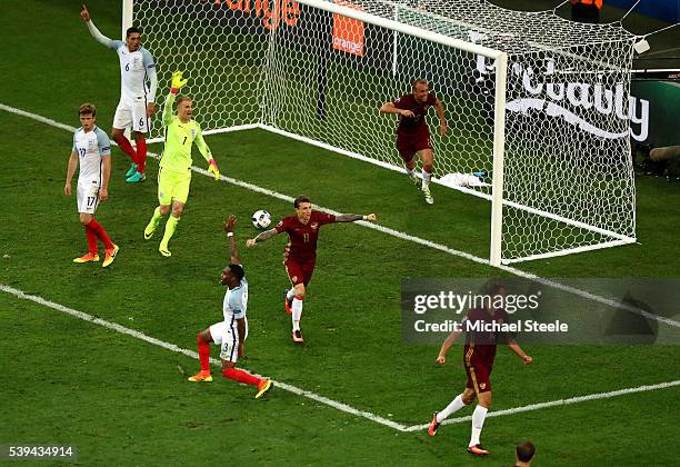 Vasili Berezutski scores his team's first goal during the UEFA EURO 2016 Group B match between England and Russia at Stade Velodrome on June 11, 2016...