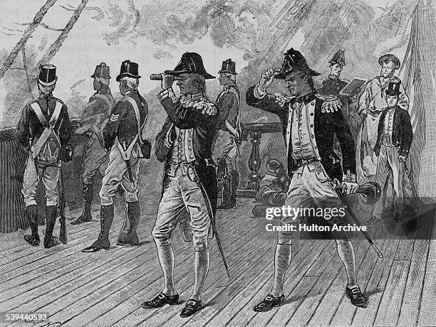 Vice Admiral Horatio Nelson aboard the HMS Elephant a 74-gun third-rate ship of the line puts a telescope up to his blind eye to ignore the signal to...