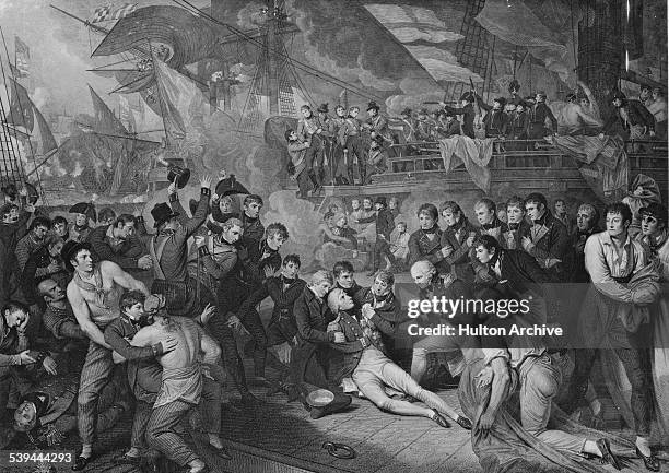 Admiral Lord Horatio Nelson lays mortally wounded on the quarterdeck of his flagship the HMS Victory at the Battle of Trafalgar fought between the...