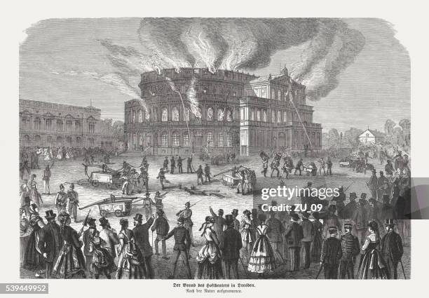 fire of the semper opera house in dresden (1869) - saxony stock illustrations