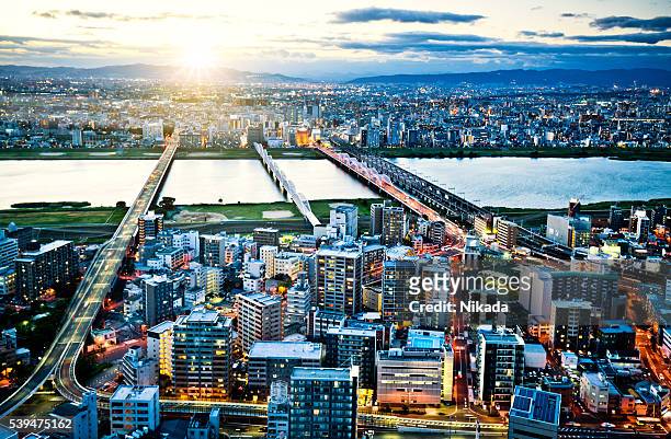 aerial view of osaka skyline - osaka prefecture stock pictures, royalty-free photos & images