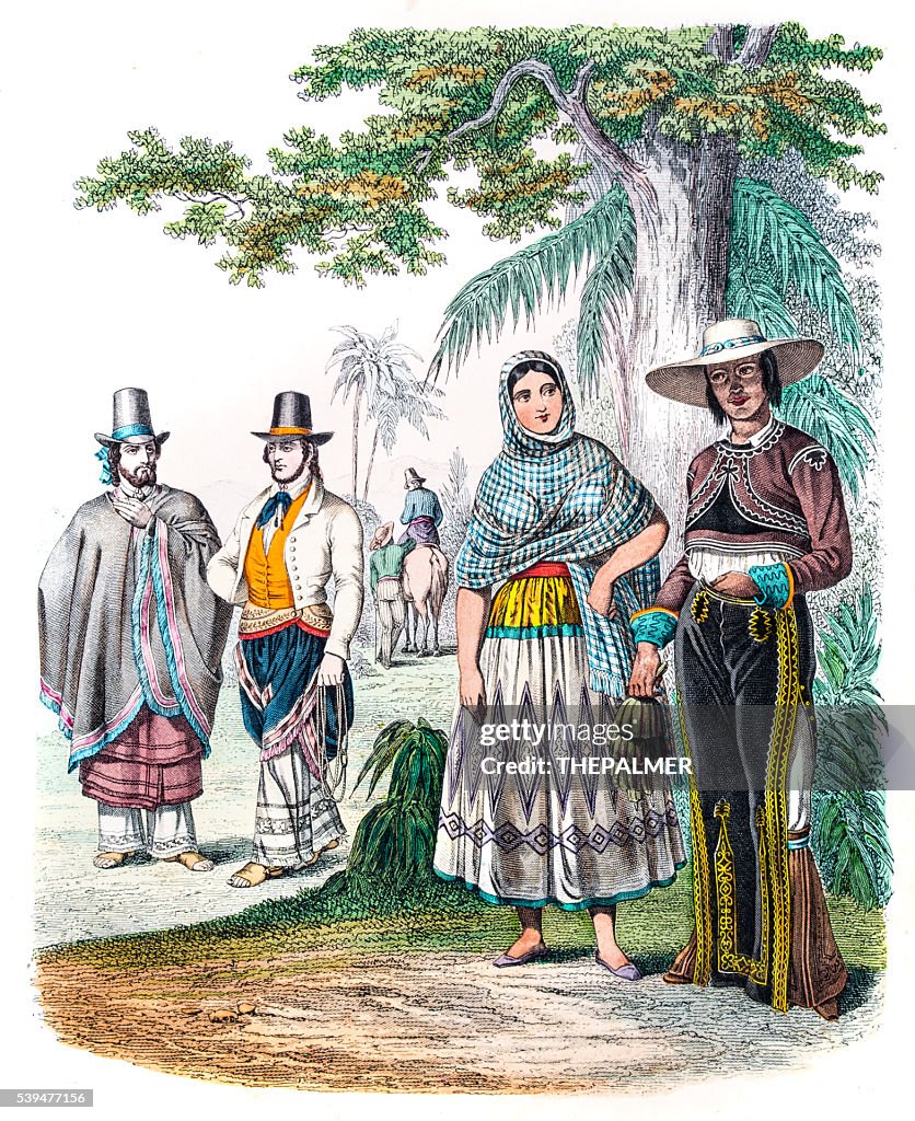 Mexicans in traditional clothes engraving 1853