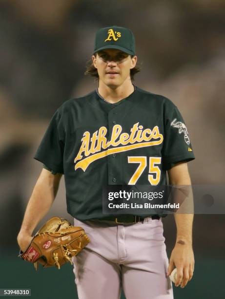 Barry Zito of the Oakland Athletics looks on during the game against the Los Angeles Angels of Anaheim on August 30, 2005 at Angel Stadium in...