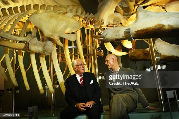 Malcolm Fraser and Peter Garrett get together to celebrate 25 years since the ban on whaling at the Melbourne Museum, 1 April 2004. THE AGE Picture...