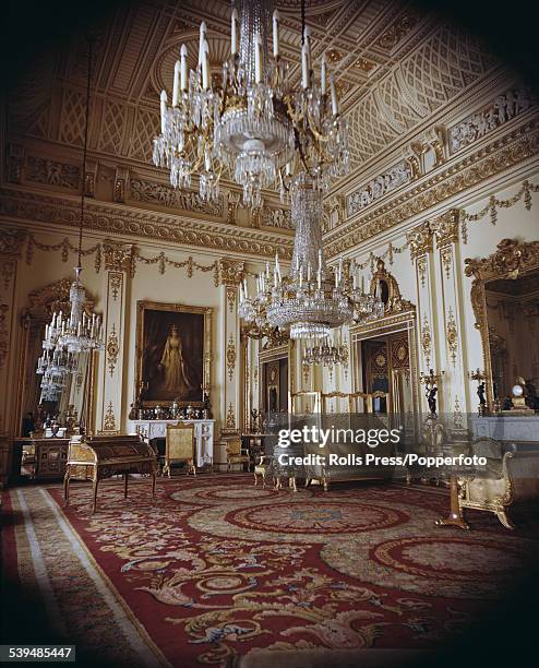 View of the interior of the White Drawing Room, designed by the architect John Nash and used for receptions and audiences at Buckingham Palace,...