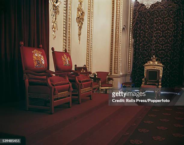 View of the interior of the Throne Room, designed by the architect John Nash and used for investitures and ceremonial receptions at Buckingham...