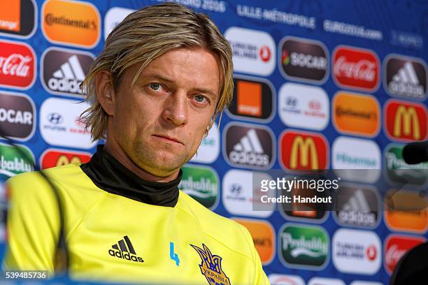 In this handout image provided by UEFA, Anatoliy Tymoshchuk of Ukraine talks during the Ukraine press conference on June 11, 2016 in Lille, France.