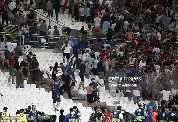 Clash erupts between the fans of England and Russia after Euro 2016 group B football match between England and Russia at Stade Velodrome in...