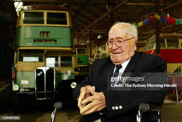 Tom Gould on his 100th birthday at the Bus and Truck Museum in Tempe on 17 August 2004. Mr Gould is reflecting on his years as a bus driver that led...