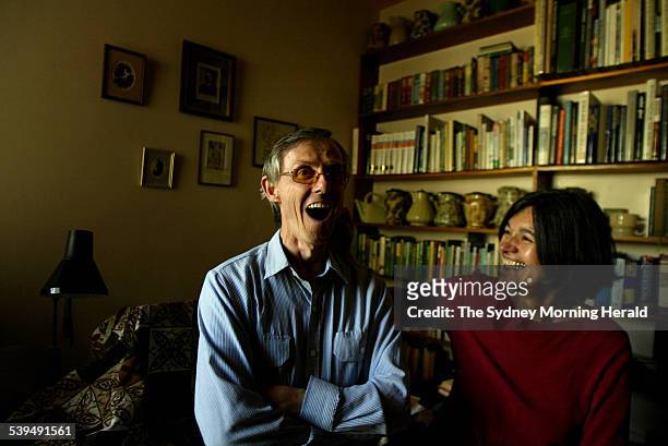 Robert Mowbray who has been awarded the Justice Medal, with his wife Pamela Mowbray in the study of their home in Annandale, 8 October 2004. SMH...