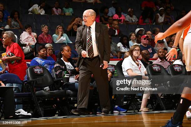 Head Coach Mike Thibault of the Washington Mystics looks on during the game against the Minnesota Lynx on June 11, 2016 at Verizon Center in...