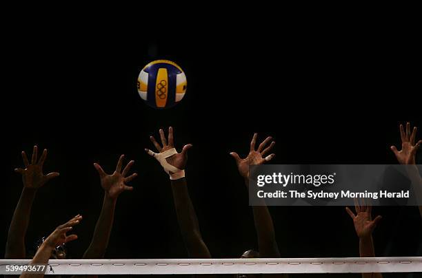 Ball suspended in mid air during the women's volleyball preliminary game between the United States and Germany. SMH SPORT Picture by STEVE CHRISTO