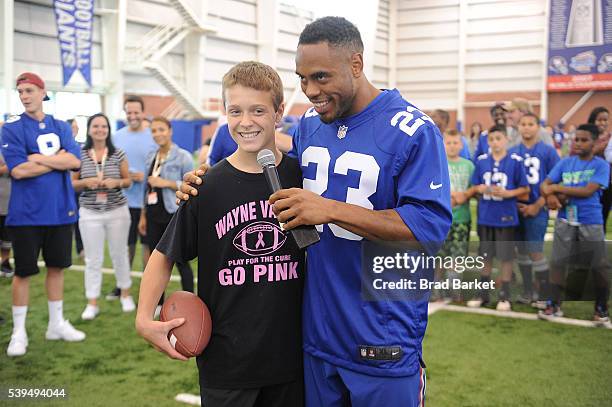 Winner Jake Lambardo and Rashad Jennings attend the Nickelodeon and The New York Giants Host Tryouts for the "Triple Shot Challenge: Kids' Choice...