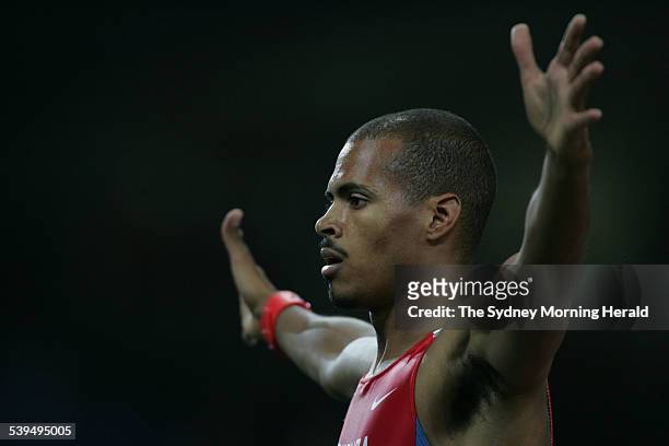 Olympic athlete Felix Sanchez wins the 400m hurdles at the 2004 Athens Olympic Games on 26 August 2004. SMH OLYMPICS Picture by TIM CLAYTON.