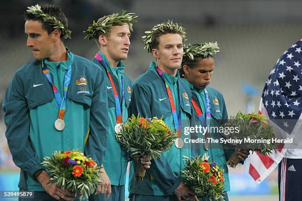 John Stefferson, Clinton Hill, Patrck Dwyer, Mark Ormrod take silver for Australia in the mens 4x400m relay final, 28 August 2004. SMH OLYMPICS...