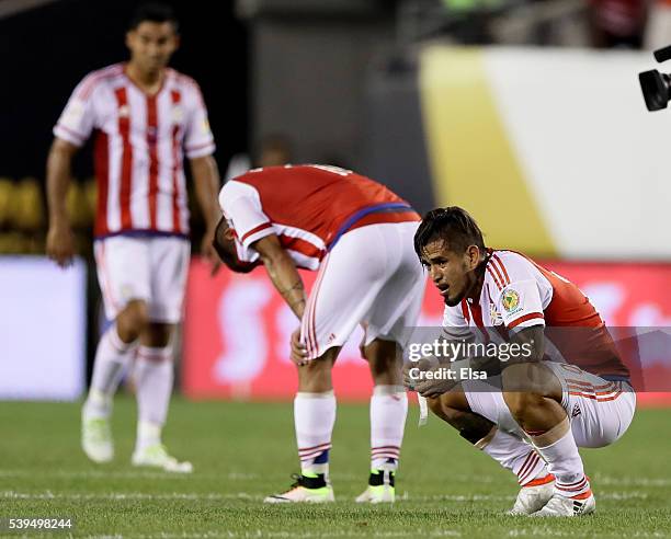 Victor Ayala of Paraguay reacts to the loss after the Copa America Centenario Group C match against the United States at Lincoln Financial Field on...