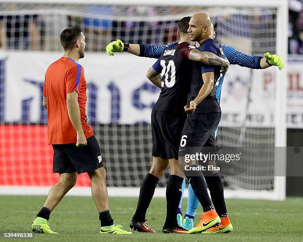 John Brooks,Brad Guzan and Geoff Cameron of United States celebrate the win over Paraguay after the Copa America Centenario Group C match at Lincoln...