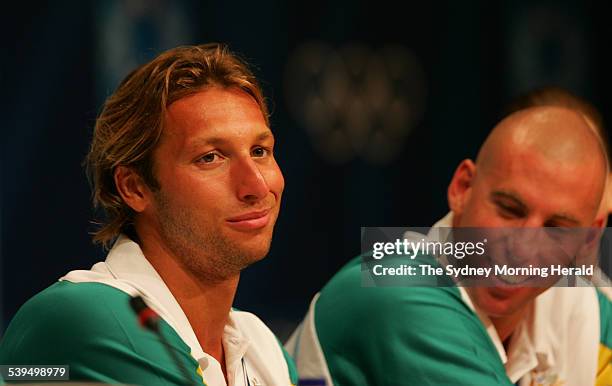 Grant Hackett with Ian Thorpe and other Australian swimmers at the Australian swimming press conference during the 2004 Athens Olympics on 22 August...