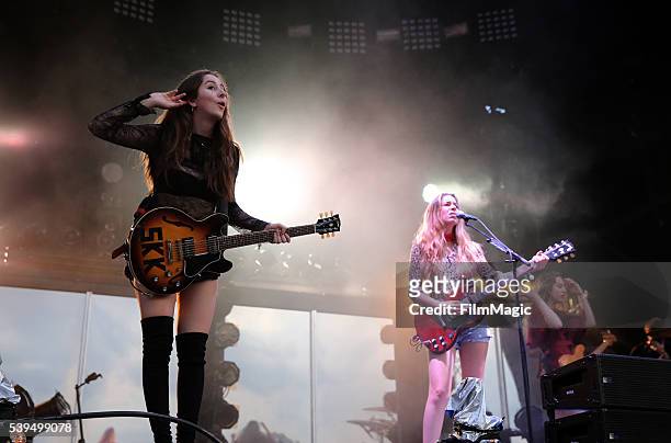 Recording artists Alana, Danielle, and Este of HAIM perform onstage at Which Stage during Day 3 of the 2016 Bonnaroo Arts And Music Festival on June...