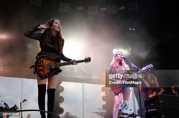 Recording artists Alana, Danielle, and Este of HAIM perform onstage at Which Stage during Day 3 of the 2016 Bonnaroo Arts And Music Festival on June...