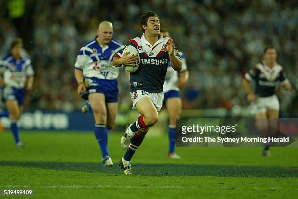Roosters player Anthony Minichiello goes in for try during the Grand Final between the Sydney Roosters and the Canterbury Bankstown Bulldogs at...