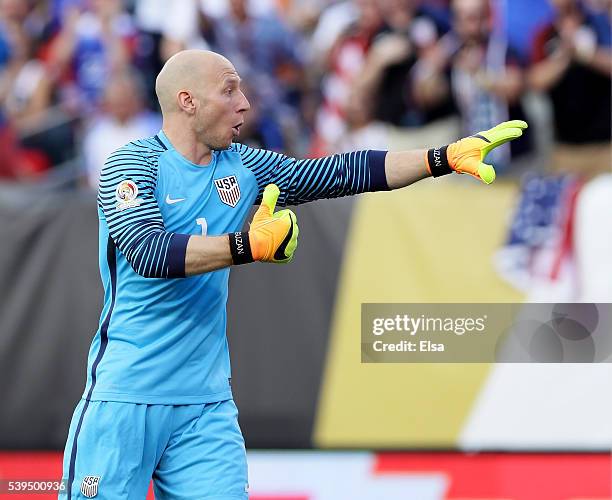 Brad Guzan of United States reacts in the first half against Paraguay during the Copa America Centenario Group C match at Lincoln Financial Field on...