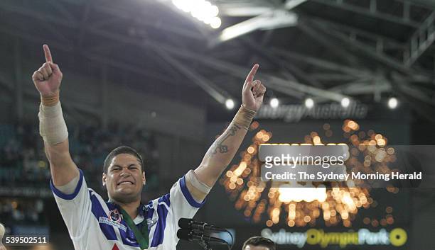 Bulldogs Willie Mason celebrates after winning the 2004 NRL Grand Final Roosters V Bulldogs, 3 October 2004. SMH Picture by CRAIG GOLDING