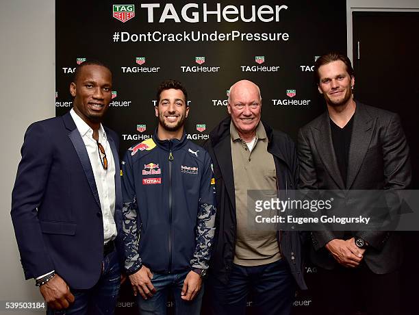 Soccer player Didier Drogba of the Montreal Impact, Red Bull Formula 1 Team driver Daniel Ricciardo, Tag Heuer CEO Jean-Claude Biver, Quarterback Tom...