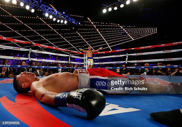 Roman Martinez is knocked out as Vasyl Lomachenko raises his arms in the neutral corner during the fifth round of their Junior Lightweight WBO World...