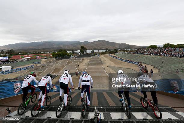 Barry Nobles, David Herman, Justin Posey, Jeffery Upshaw Corben Sharrah and Tanner Sebesta leave the starting gate during the USA Olympic Trials for...