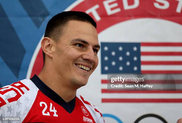 Corben Sharrah reacts after winning the main event during the USA Olympic Trials for BMX held at the Olympic Training Center on June 11, 2016 in...