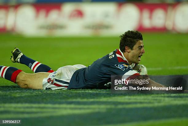 Roosters player Anthony Minichiello goes in for try during the Grand Final between the Sydney Roosters and the Canterbury Bankstown Bulldogs at...