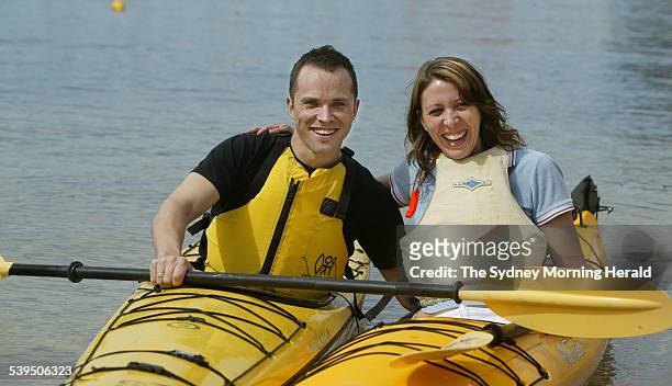Gareth Davidson and Allison Salmon, on their Kiss and Tell date, before their Kayak trip around Sydney Harbour from The Spit, 11 Sepetmber 2004. SMH...