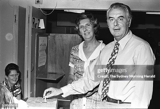 Gough and Margaret Whitlam voting in the 1972 federal election at Cabramatta East Primary School in his electorate of Werriwa in Sydneys south west...