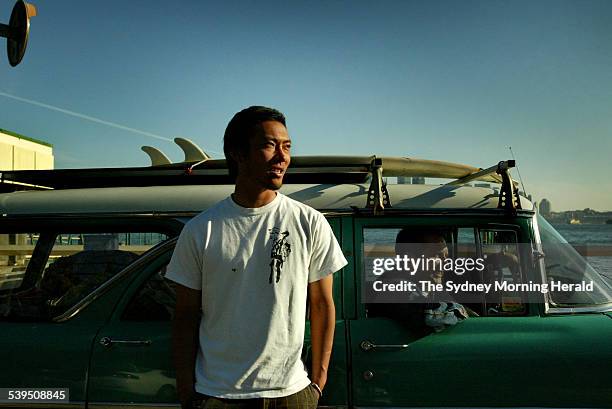 Bondi Tsunami actor Taki Abe with producer of the film Anthony Lucas-Smith at Cremorne Wharf in Sydney on 26 August 2004. Taki plays Japanese surfer...