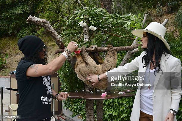 Slash, The Sloth, Charlie Dalton Shenanigans and Meegan Hodges attend The Greater Los Angeles Zoo Association's 46th Annual Beastly Ball at Los...