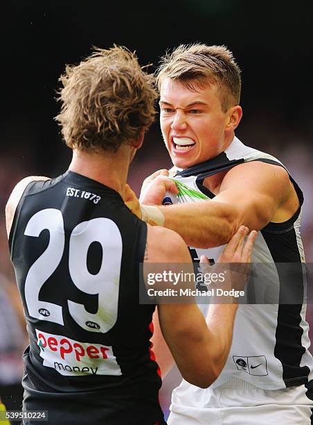 Jimmy Webster of the Saints wrestles with Patrick Cripps of the Blues during the round 12 AFL match between the St Kilda Saints and the Carlton Blues...